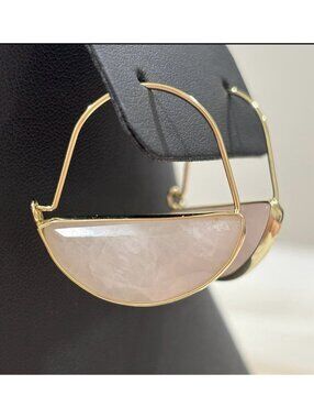 Elegant Gold-Tone Hoop Earrings with Rose Quartz Semi-Circle